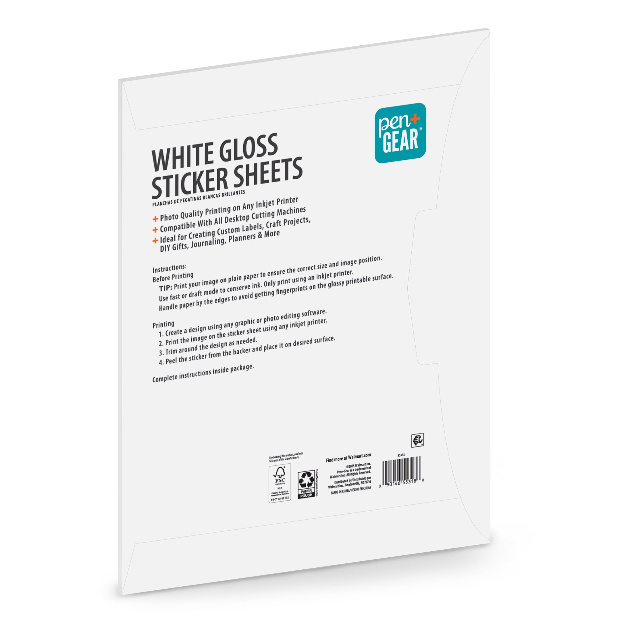 Pen+Gear Gloss Sticker Paper, 10 Sheets, White, 8.5" x 11"