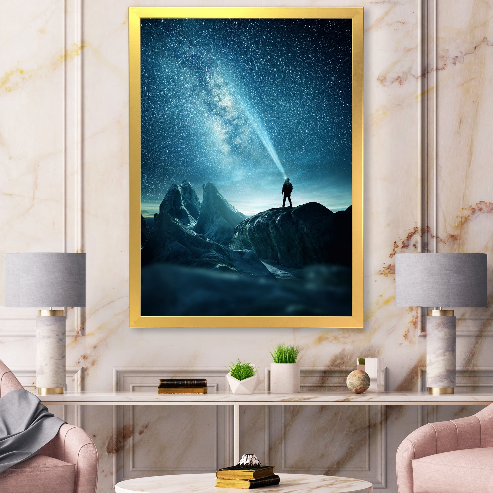 Designart 'A Light Shining by A Man Shining Into The Night Sky' Modern Framed Art Print