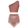 thumbnail image 2 of Kaerm 2-pieces Women Lyrical Dance Contemporary Outfit One Shoulder Crop Tops with Tassel Built in Briefs Skirted Dusty Pink M, 2 of 7