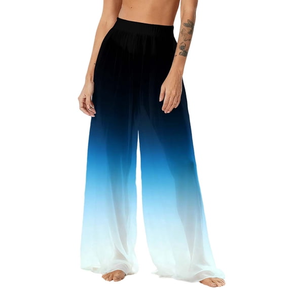 Mesh Cover Up Pants for Women High Waisted Sheer Wide Leg Beach Trousers Abstract Print See Through Loose Swimsuit Coverups for Pool