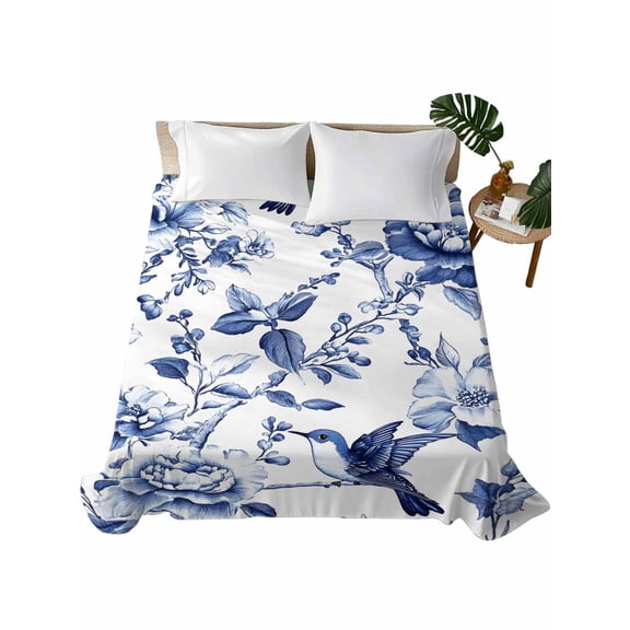 King Size Flat Sheet Only, White Blue Spring Floral Soft Brushed Microfiber Bed Sheets, Summer Botanical Hummingbird Hotel Quality Breathable Bedding Top Sheet, Easy Care, 90"x102"