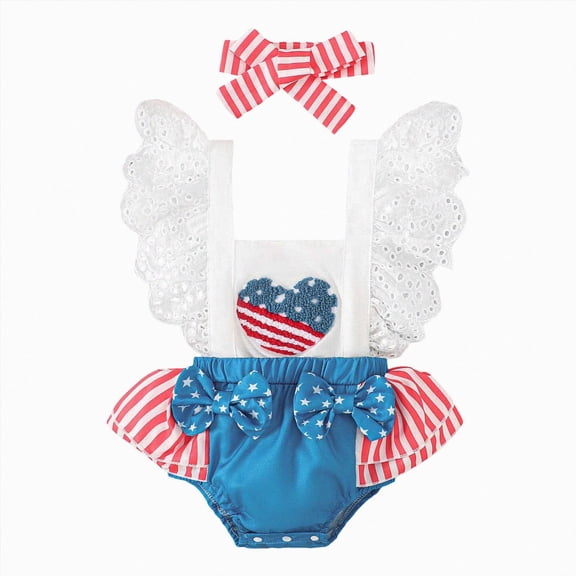 mgoYE Baby Girl 4th of July Romper USA Embroidery Overalls 0 3 6 9 12 18 24 Month Newborn Striped Bodysuits Infant Girl Fourth of July Outfit Size 0-3 Months