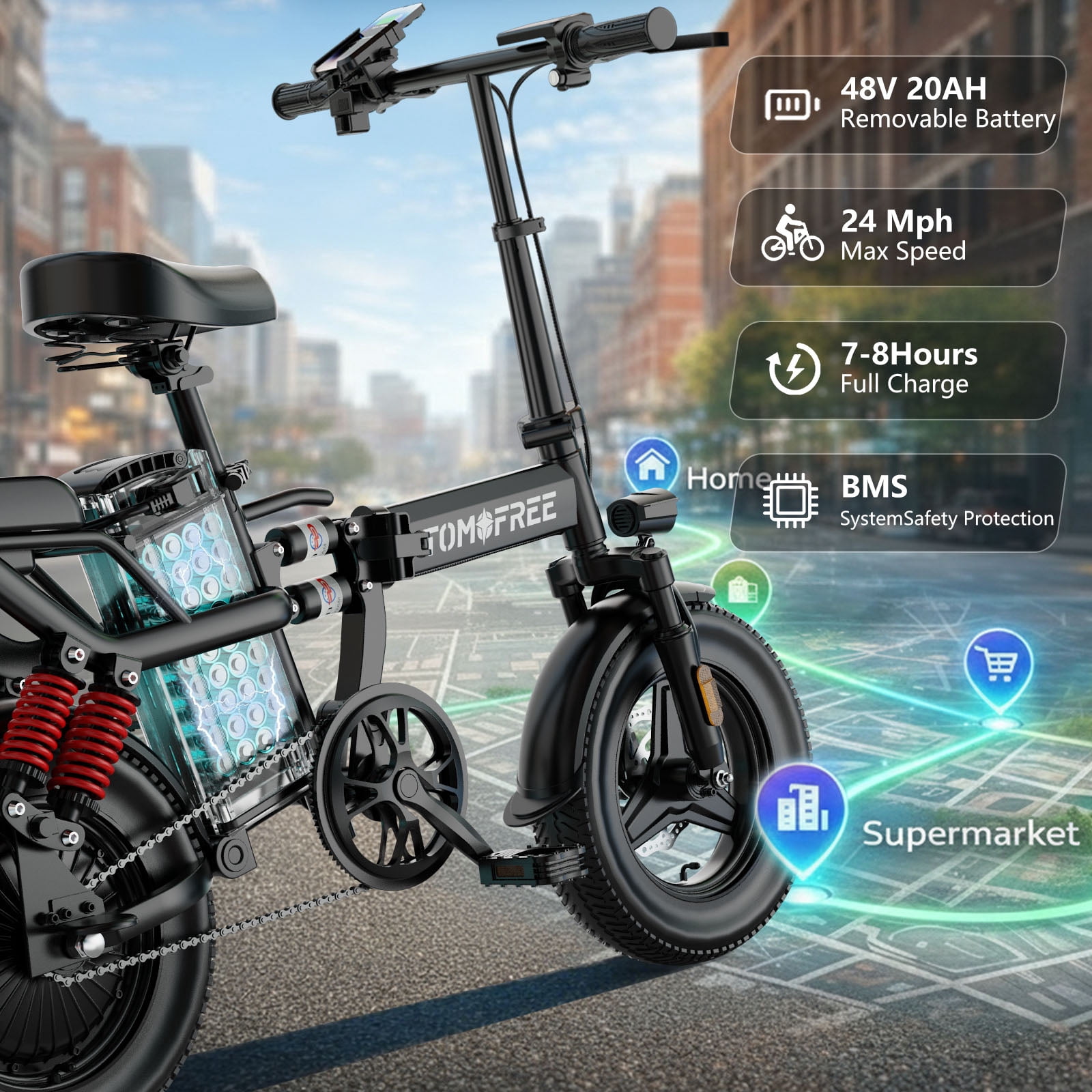 Folding Electric Bike, Peak 750W Motor 24MPH, 48V 20Ah Removable Battery 31Miles Ebike, 14" Lightweight Adults Electric Bicycles for Men/Women/Teens, City E-Bike, Full Suspension