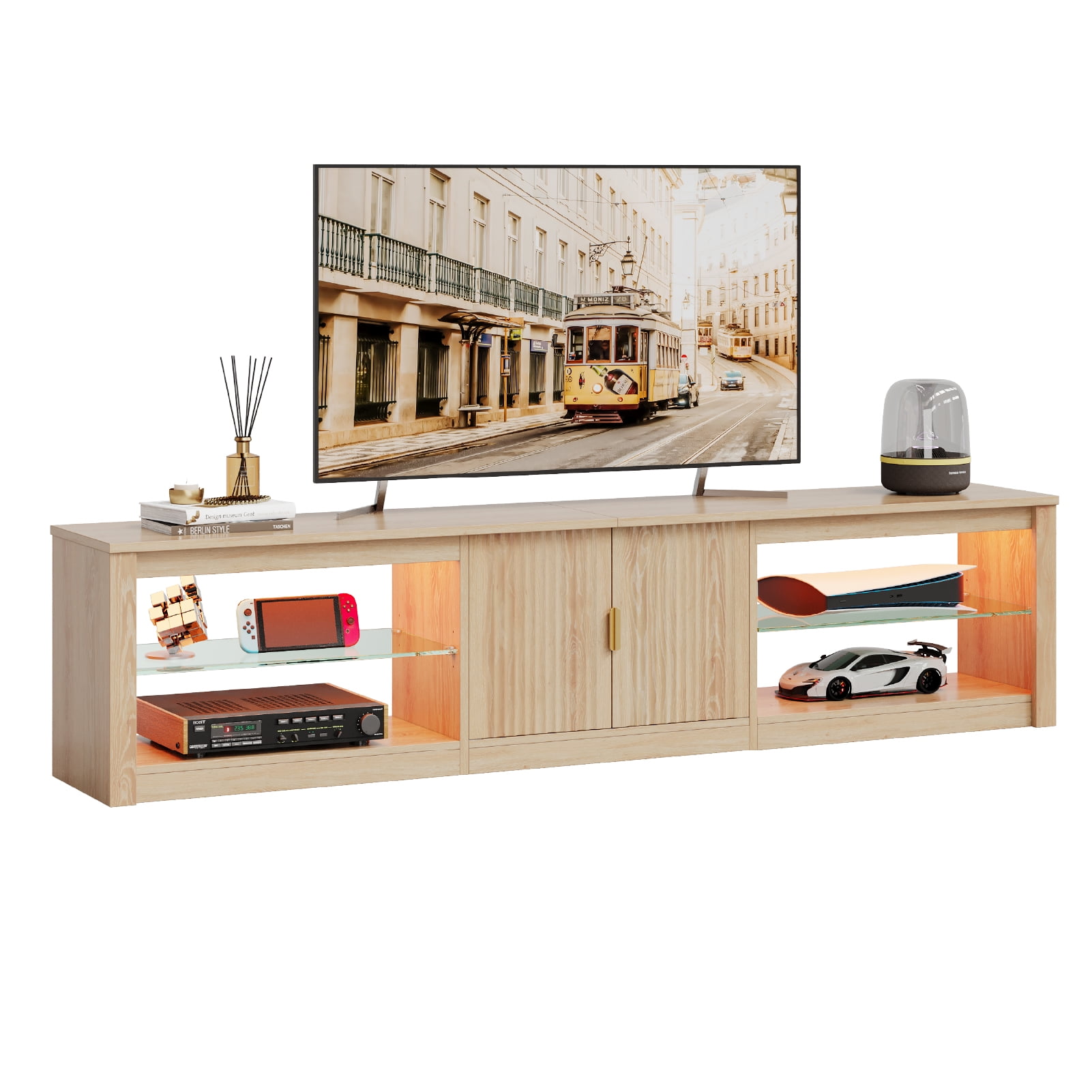 Bestier 80 inch TV Stand for TVs up to 85", Entertainment Center with LED Lights & Storage Cabinet, Farmhouse Fluted TV Console, LOG