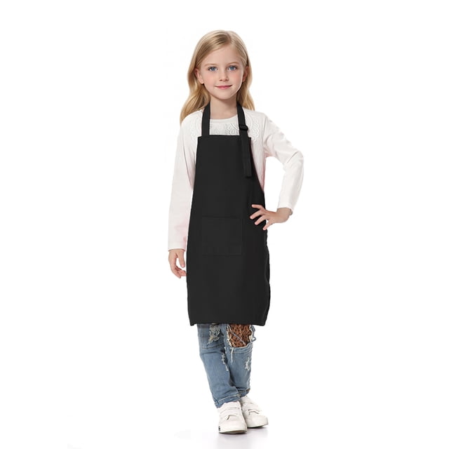 TOPTIE Kids Aprons with Pocket & Adjustable Strap, Child Chef Bib Apron for Kitchen Cooking Baking Painting-Black-XXL