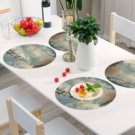 

Round Grid Placemat One Sizex1 Round Placemat PVC Plate Mat，15.4 Inch Non-Slip and Heat Resistant Table Placemat Dining Room Placemat Picturesque Snow