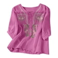 thumbnail image 3 of Linen 3/4 Sleeve Button Shirts Summer Boho Peasant Casual Gauze Clothes Embroidered Tops for Women Hot Pink XL, 3 of 6