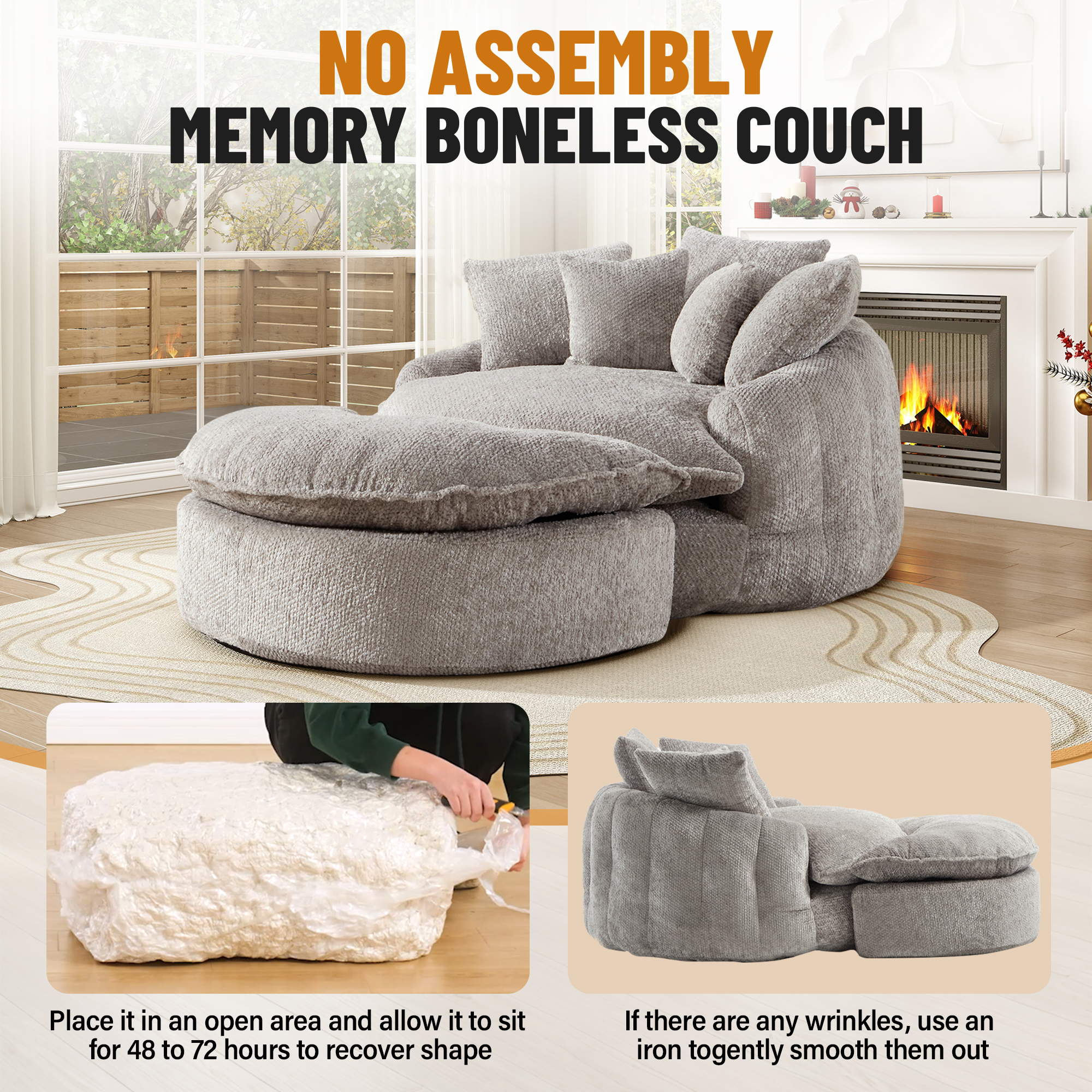 Aukfa 75" Oversized Round Chaise Lounge Chair with Half Moon Ottoman, Boneless Cloud Circle Deep Seat Sofa Set for Living Room, 5 Pillows, No Assembly Required, Light Gray