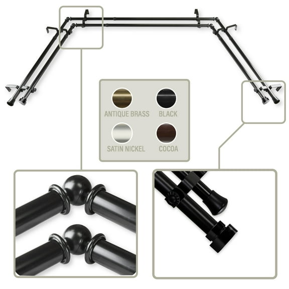 Thornhill 13/16 inch Bay Window Double Curtain Rod 20"-36", 38"-72" - Black