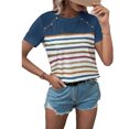 thumbnail image 2 of Camiseta de Mujer Cuello Redondo Botón de Hombro Manga Corta Patrón de Rayas Elegante Casual Mujer Top de Verano para Vacaciones Diario Azul Pavo Real XL, 2 of 6