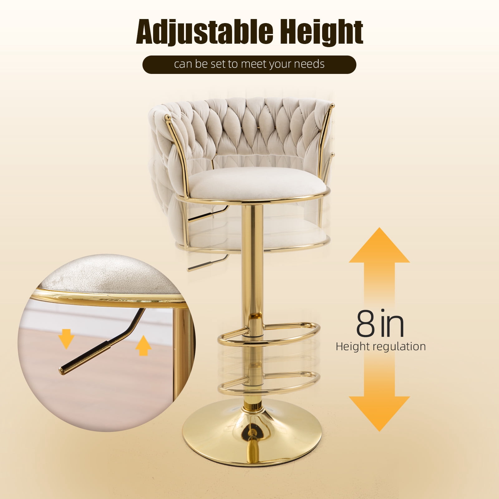 MOONMISS Velvet Upholstered Adjustable Height Swivel Armless Bar Stools with Golden Footrest(set of 2)-Ivory