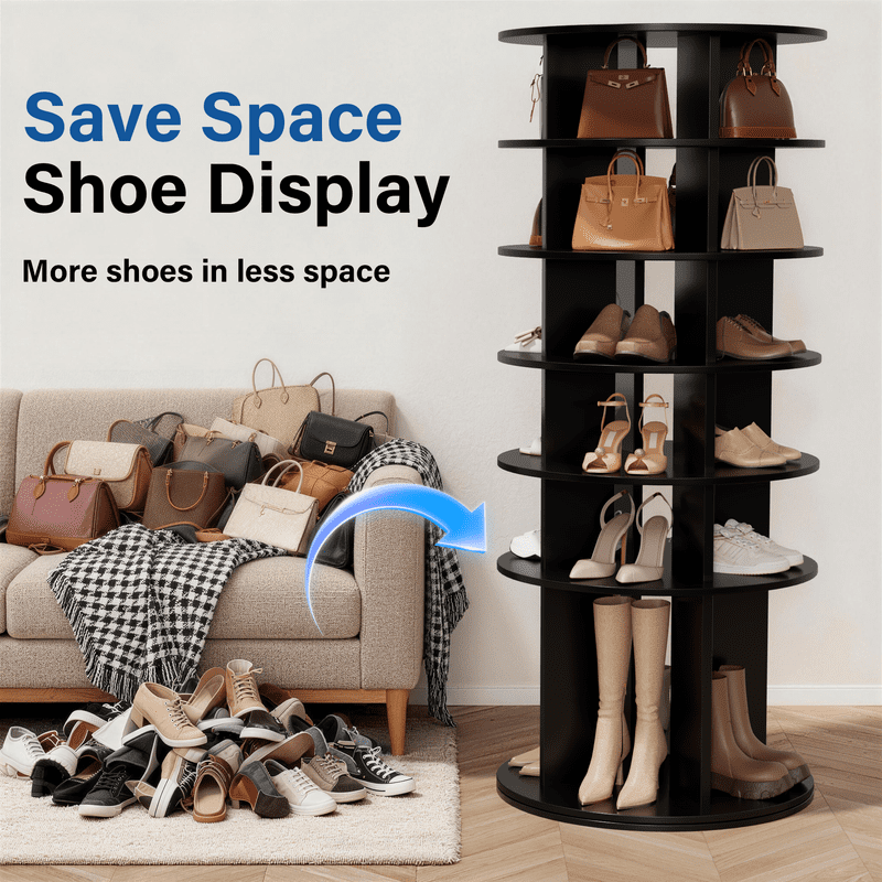 Vineego 6-Tier 360° Rotating Shoe Rack, Round Spinning Storage Organizer for Shoes, Boots & Accessories, Freestanding Tall Display Shelf for Entryway, Closet & Bedroom, Black Finish