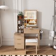 thumbnail image 4 of Teqhome Modern Lighted Mirror Power Outlet Makeup Vanity Desk Set with 4 Drawers Open Storage Shelves Stool for Bedroom Dressing Room (Walnut), 4 of 13