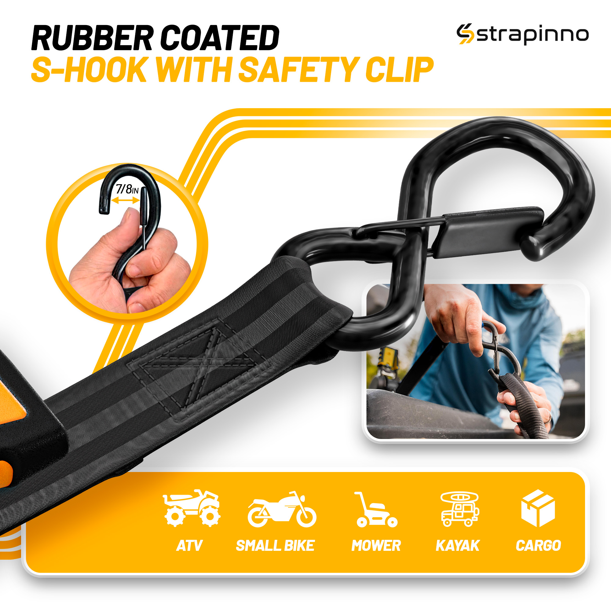 Strapinno Retractable Ratchet Straps 1 in x10ft, with Rubber-Coated Handles, S-Hooks, Secure Cargo Tie-Downs for Motorcycles, Bikes & Daily Use, Breaking Strength -1,500LBS/680KG (Black, 4 PK)