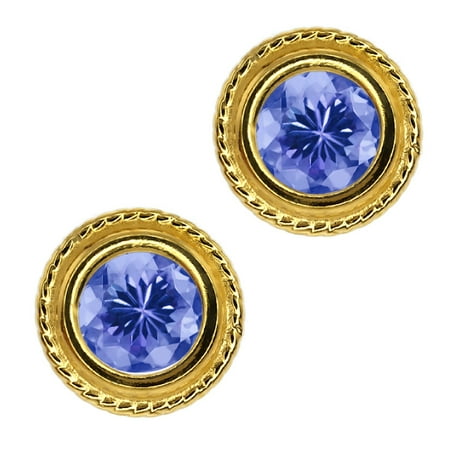 1.60 Ct Round Blue Tanzanite Gold Plated Silver bezel Stud Earrings 6mm