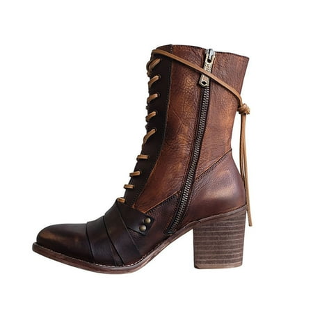 

Egmy Women Shoes Laceing Mid Heel Rivets Zipper Fashion Shoes Mid Leather Boots Brown 6.5(38)