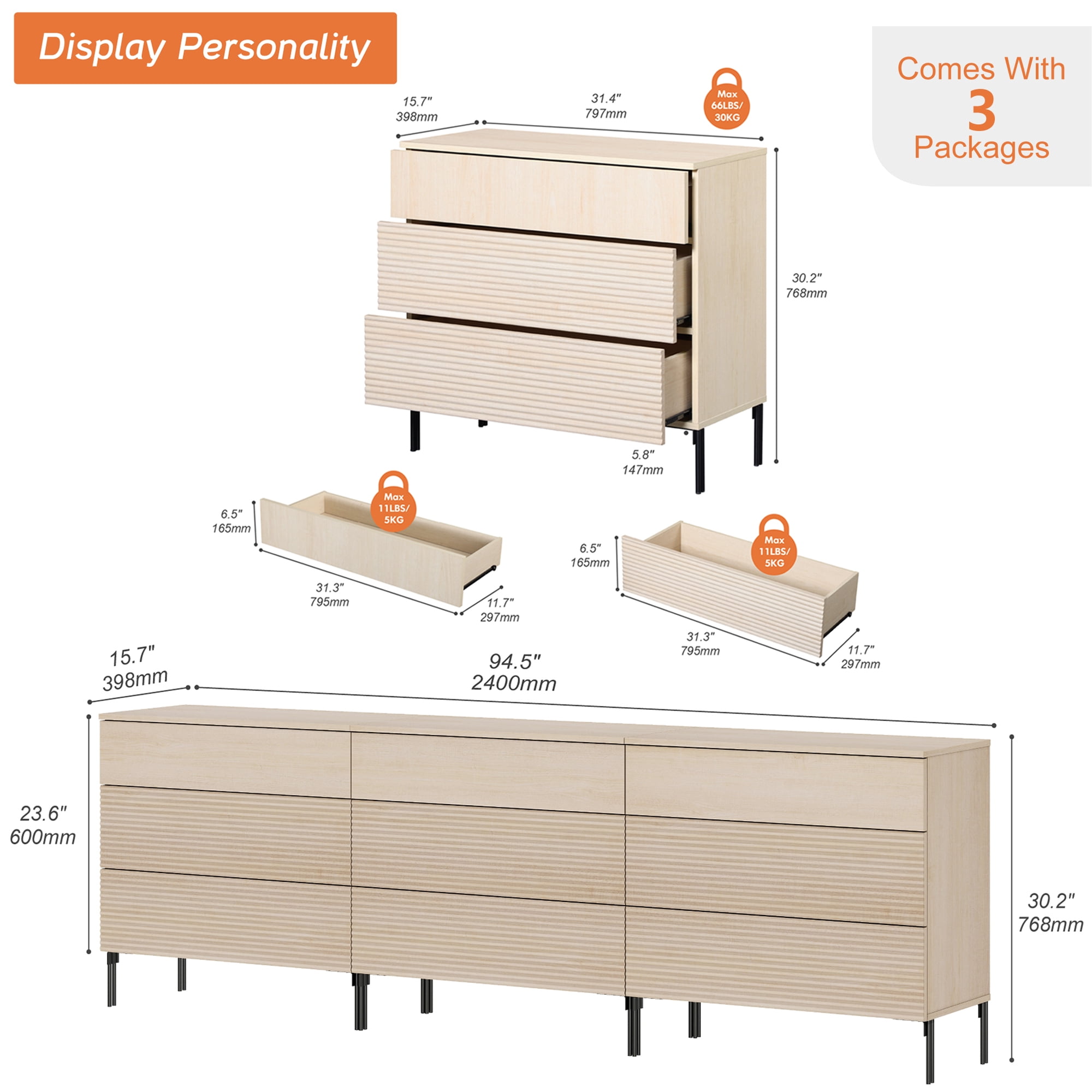 3 Drawer Dresser Set of 3 for Bedroom, Minimalist Chest of Drawers with Storage, 9 Drawer Dresser with Reeded Design, Wooden Modern Dresser for Living Room, Bedroom, Entryway