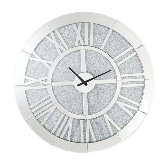 Benjara BM225866 Mirror Panel Frame Wall Clock with Crushed Faux Diamond Inlay, Silver