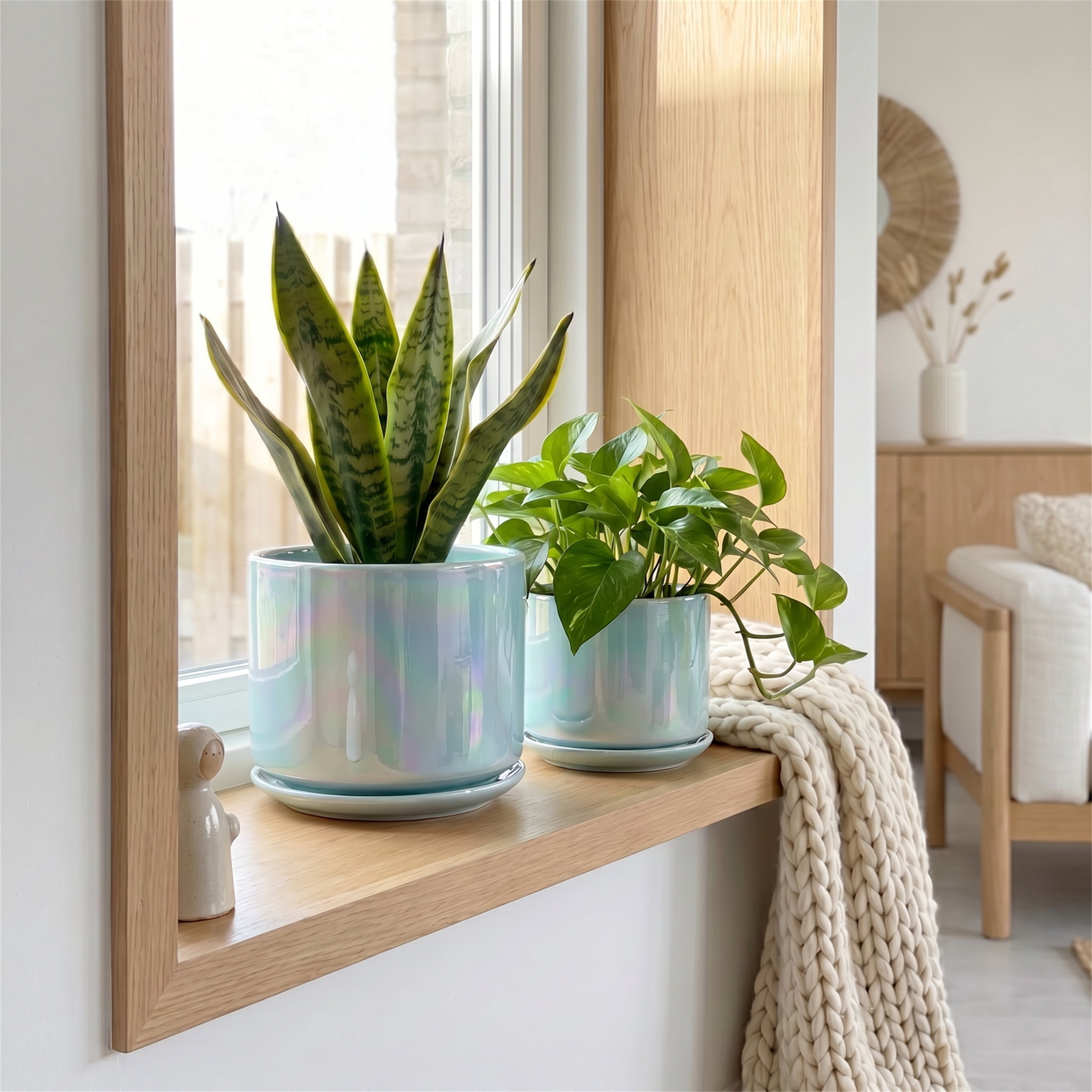 BUYMAX  Plant Pots, 4+5+6 Inch Pots for Indoor Plants,Ceramic Planter Pot with Drainage Hole,Flower Pots for Succulent Cactus,Set of 3 - Rainbow Pearl Glaze Blue