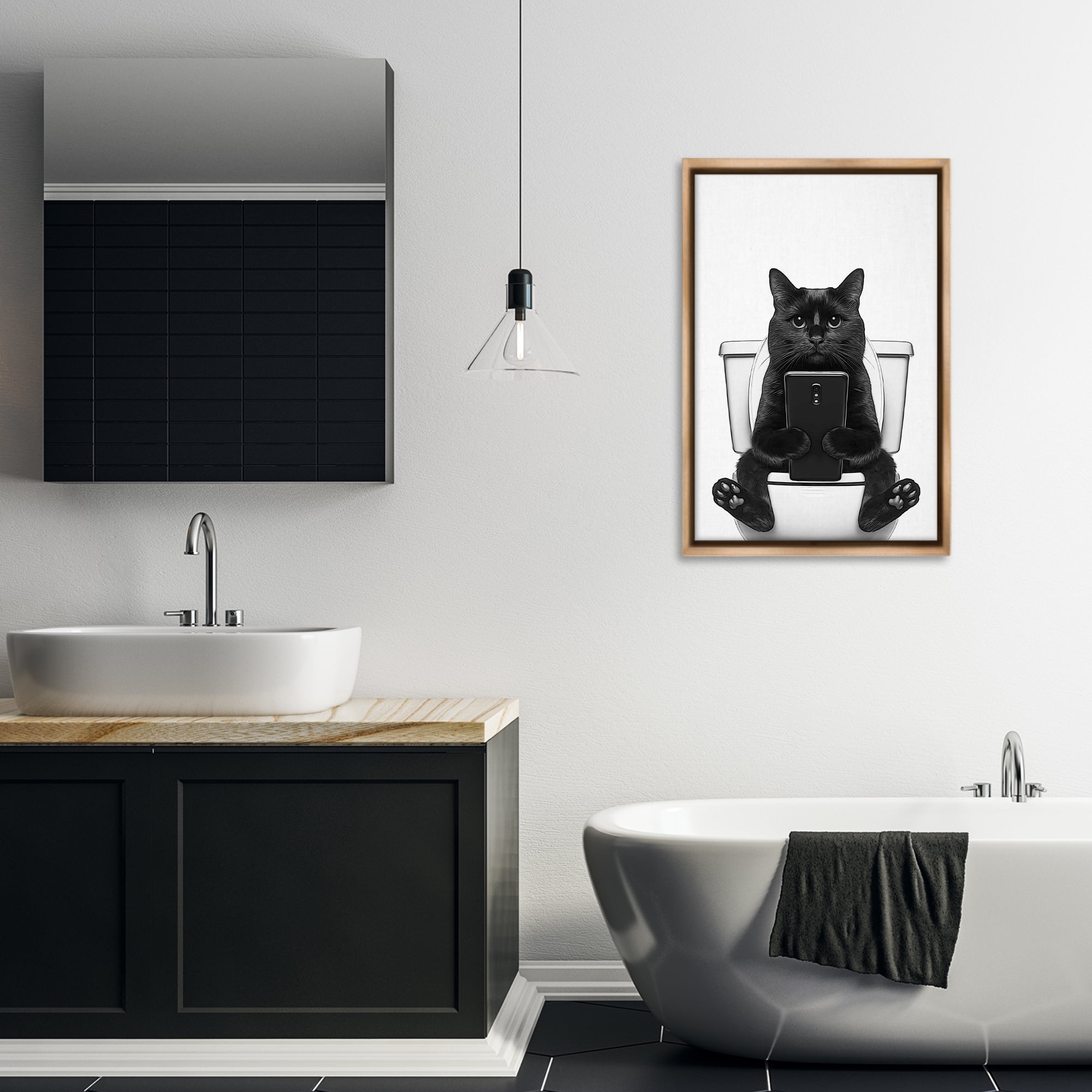 Stupell Industries Cat Texting on Toilet Typography Painting Brown Floater Framed Canvas Art Print Wall Art, 21 x 31