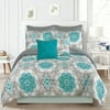 Bedding Comforter 7 Piece Queen Size Bed Set, Teal Blue and Gray Medallion