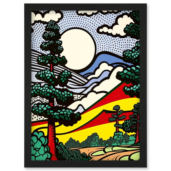 Modern Pop Art Forest Mountain Landscape Bright Colourful Comic Book Style Halftone Artwork Framed Wall Art Print A4