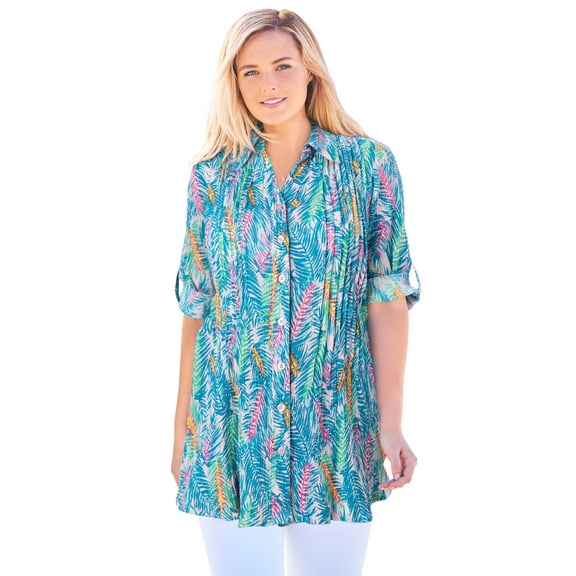 Woman Within Plus Size Pintucked Button Down Gauze Shirt