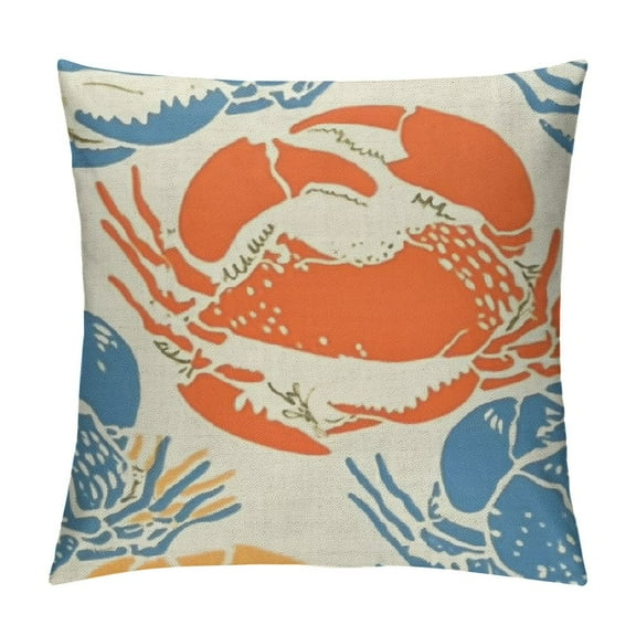Applique Crab with Print Coral Coastal Poly Filled Decorative Pillow,  Sea Shell