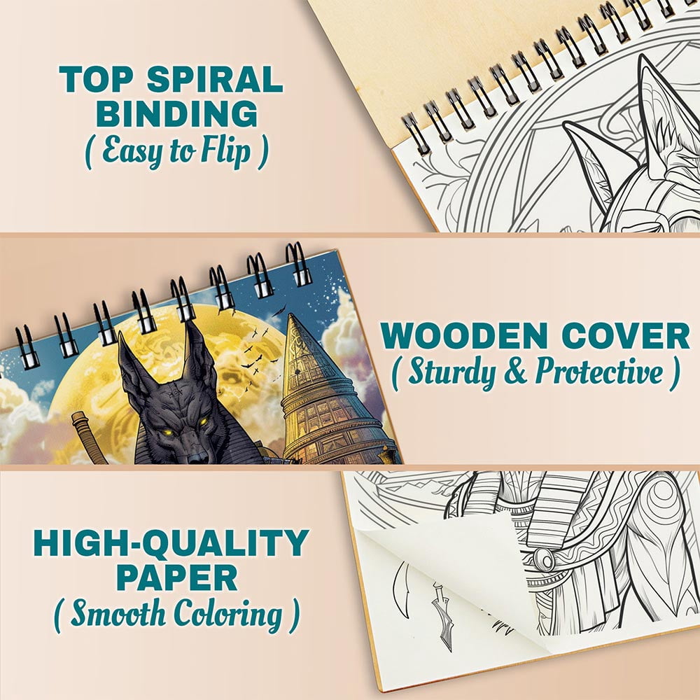 Netecom Egyptian Gods Coloring Book for Adults, A5 Wooden Cover, Spiral Bound, 30 Stunning Illustrations of Ancient Mythology for Stress Relief and Relaxation