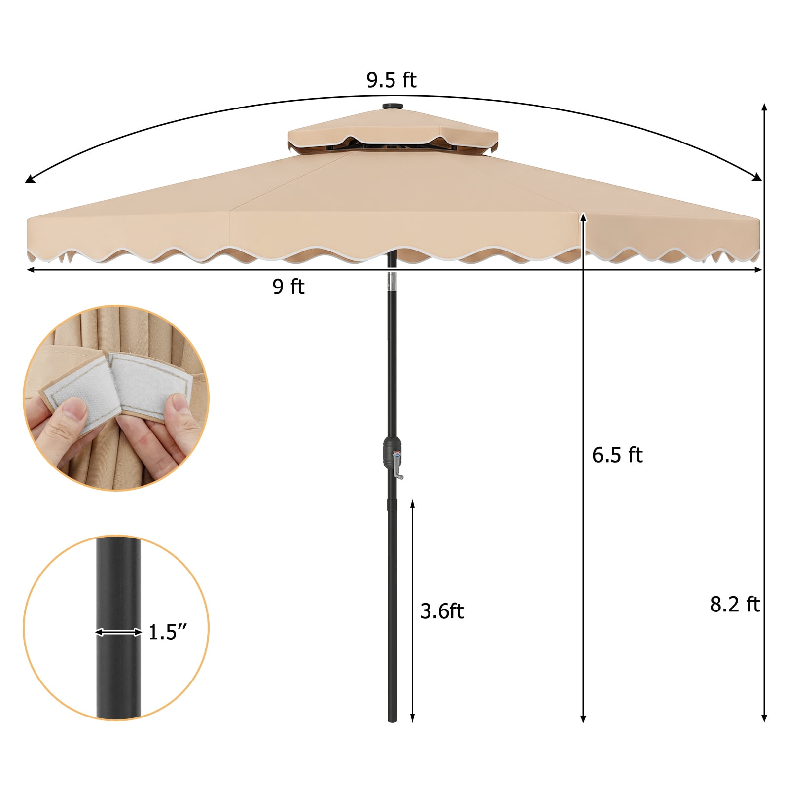 Costway 9 FT Solar LED Patio Umbrella, Push-Button Tilt & Crank, 24 LED Lights & 8 Ribs Beige
