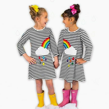 

URMAGIC Twin Girls Rainbow Dress Little/Big Sister Long Sleeve Stripe Casual Dress for 1-6T Kids