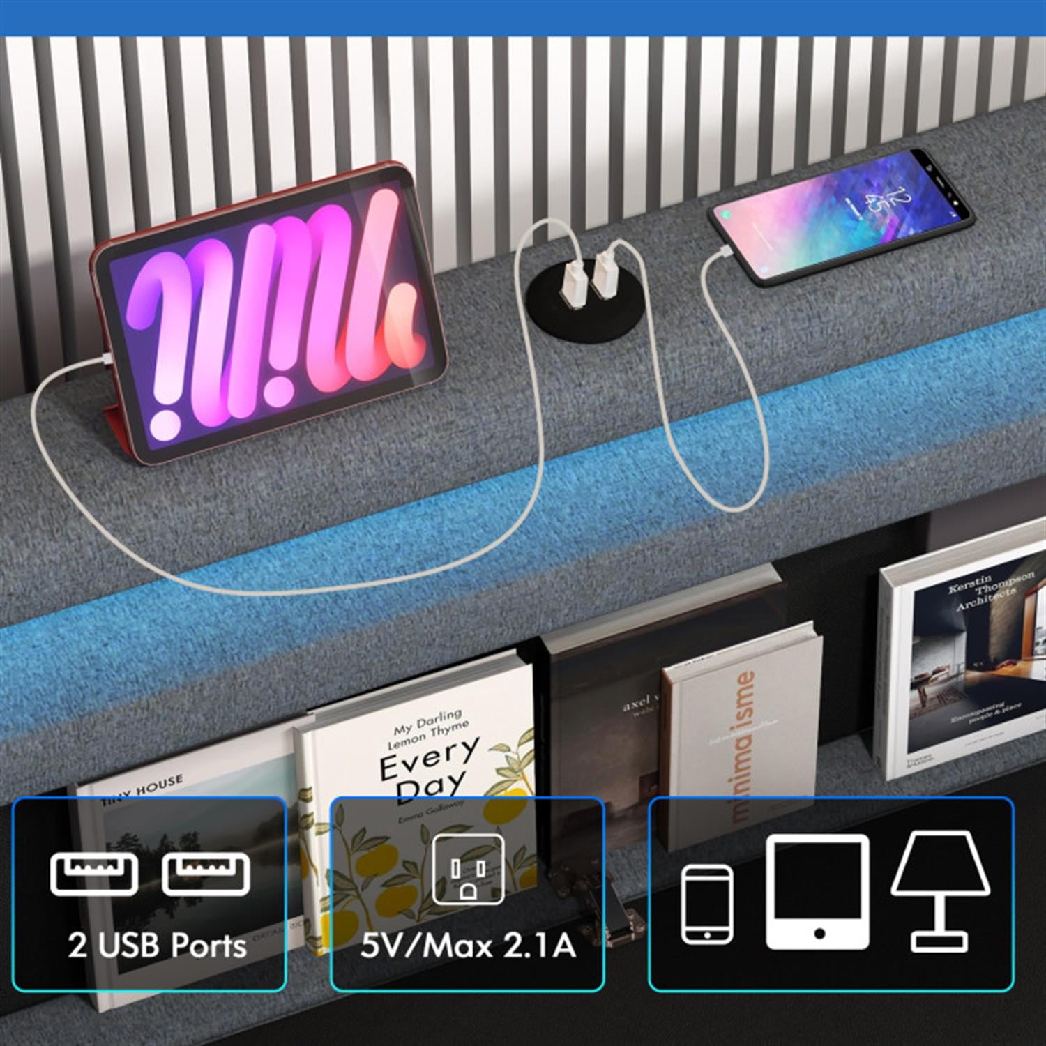 Demi Bonn Full Size Bed Frame with Adjustable Storage Headboard and Wooden Slat Support, Platform Bed Frame with 4 Storage Drawers, No Box Spring Needed, Gray