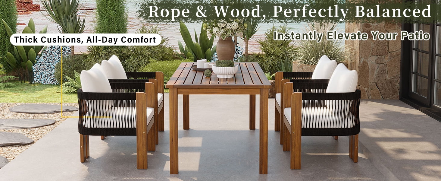 Mintazer 63" 5-Piece Outdoor Dining Set with Rope Woven High Back Chairs & Cushions, Farmhouse Dining Furniture Set for Garden Backyard Poolside, Brown & Black