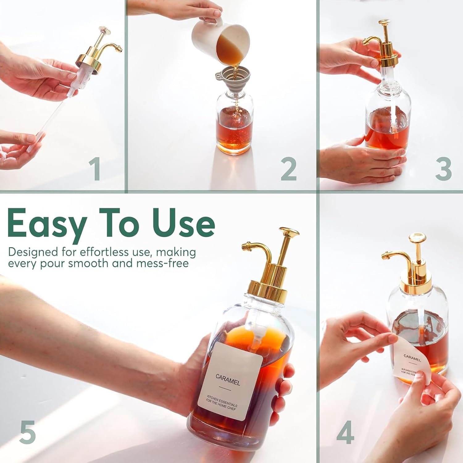 Glass Coffee Syrup Dispenser, 16.9oz Glass Syrup Bottles Set of 4, Coffee Bar Accessories with Labels and Funnel&Pump for Kitchen Coffee Bar Accessories, Gold