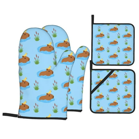 

Oven Mitts and Pot Holders Sets 4 pcs Cute Capybaras Bird Non-Slip Oven Gloves Potholders Soft Quilted Lining Heat Resistant Gloves Hot Pads for Kitchen Cooking Baking