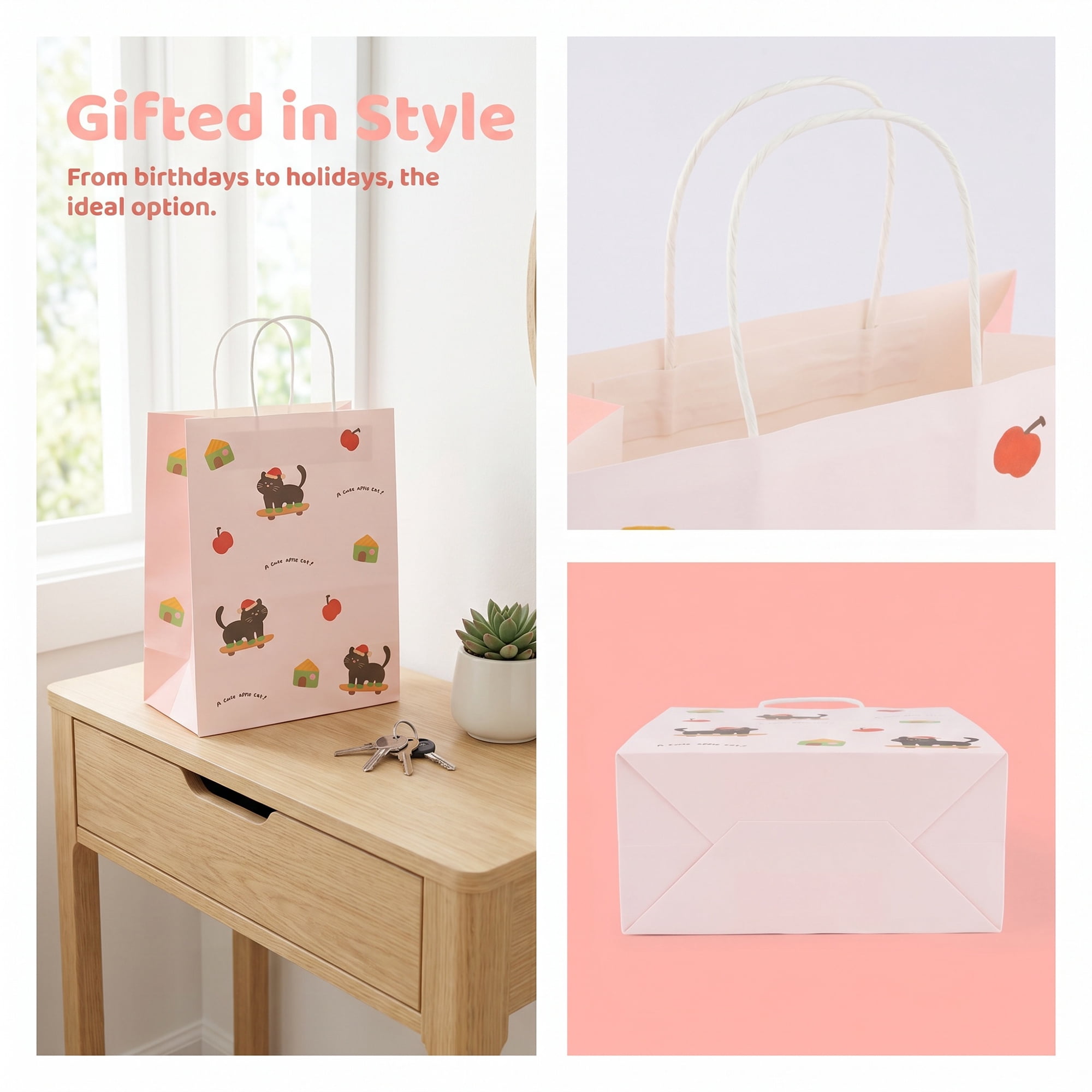 Unique Bargains Cute Playful Cartoon Gift Bags with Handles White 8.3" x 4.3" x 10.6"