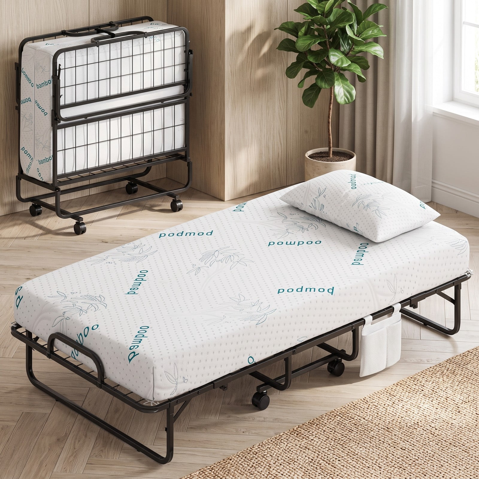 Furnibear Twin Size Folding Bed with 5 Inch Foam Mattress and Wheels for Guest Room and Apartment with Space Saving Design, Black