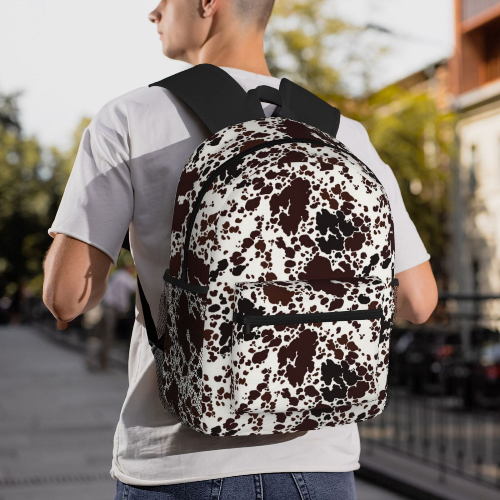 Horeoi Cow Skin Print Casual Backpack for School Work Travel Hiking with Laptop Compartment and Side Pockets Lightweight Design