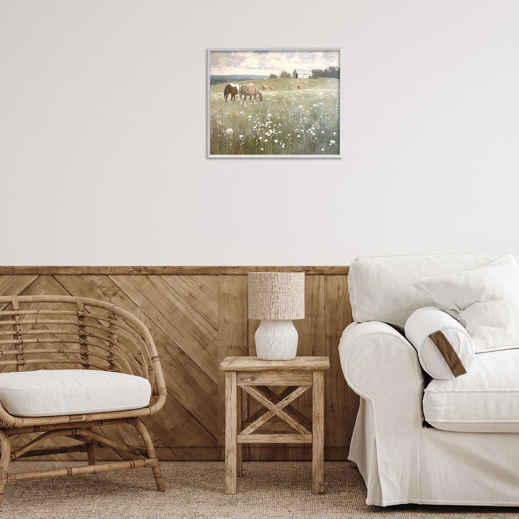 Stupell Industries Horses in Pasture Landscape Painting White Framed Art Print Wall Art, 20 x 16