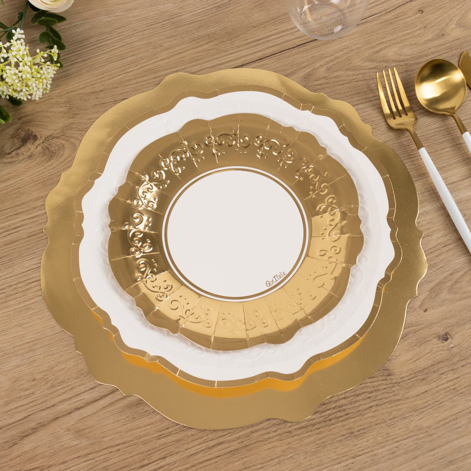 Efavormart 75 Pcs White Gold Heavy Duty Paper Plates with Embossed Scalloped Rim, Round Disposable Charger Dinner Salad Party Plates - 8",10",13"