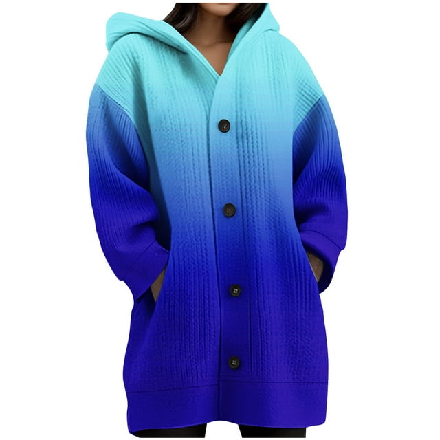 JGGSPWM Womens Printed Long Sleeve Chunky Cable Knit Fall Cardigans Sweaters Button Down Open Front Hooded Outerwear with Pockets Blue S