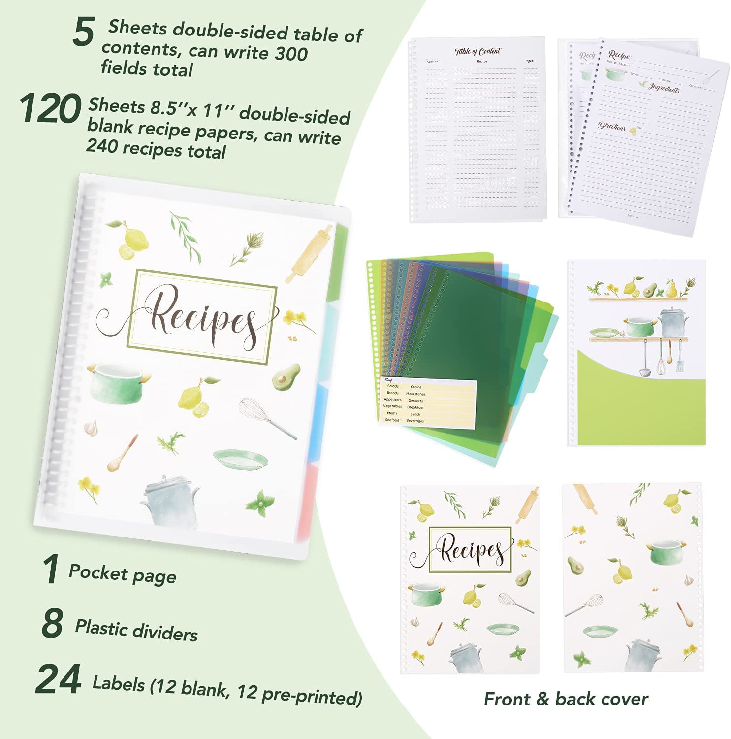 Recipe Book to Write in Your Own Recipes, Extra Large Personal Blank Recipe Notebook, Removable Recipe Journal Book Binder with 8 Dividers and 24 Tabs, Hold up to 240 Recipes