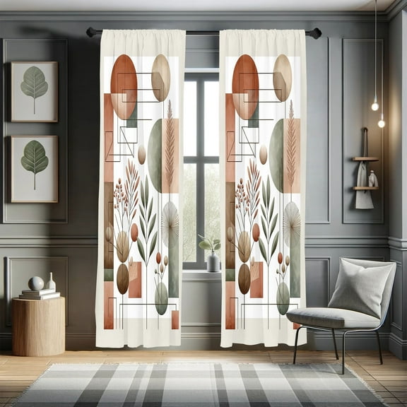 Ambesonne Mid Century Curtains 2 Panel Set, Modern Boho Round Leafy, Pair of - 28" x 95", Laurel Green Cinnamon