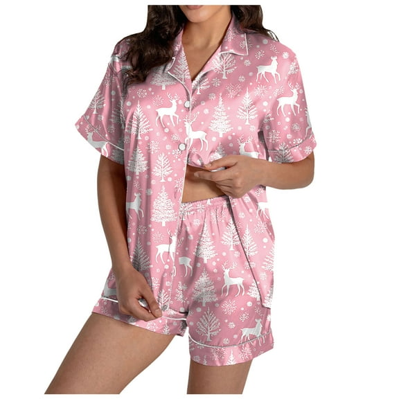 felwors Women Christmas Pajamas Set Silk Satin Short Sleeve Button Down Top and Shorts Plus Size Soft Sleepwear Lounge Xmas Pjs Pink, S