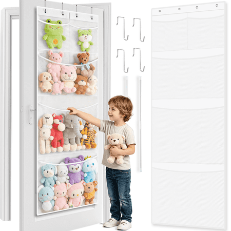 VOZOGO Stuffed Animal Storage Over The Door Toy Organizer for Storage Plush Toys Baby Supplies Stuffed Animal Holder with 5 Large Pockets Hanging Door Organizer for Nursery Bedroom