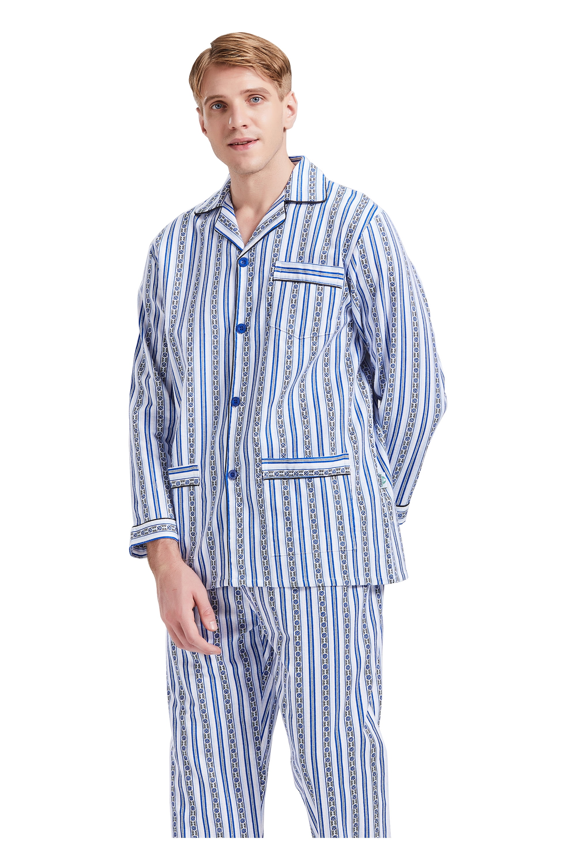 GLOBAL Men's Pajamas Sets 100 Cotton Flannel Sleepwear LongSleeve Top & Bottom