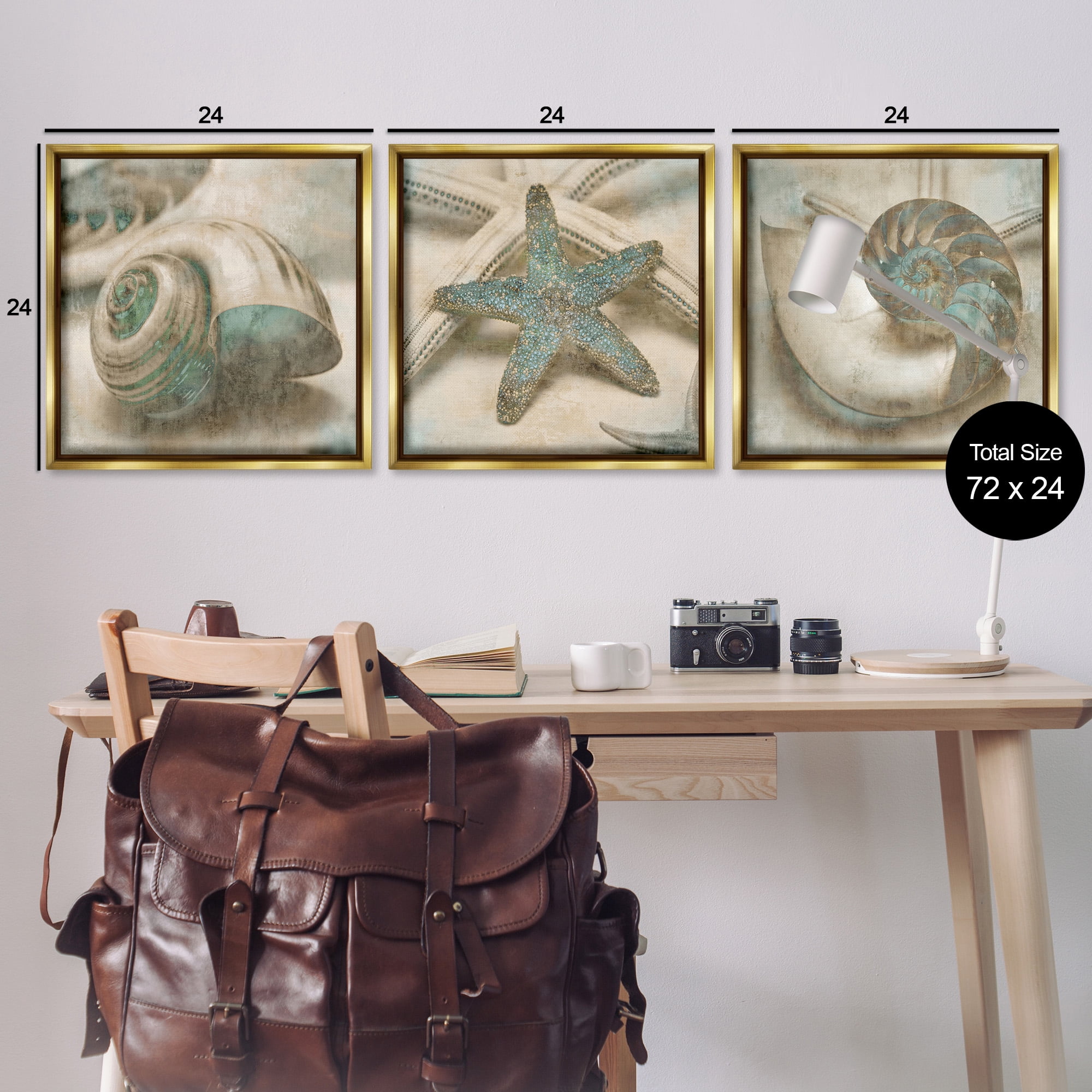 Stupell Industries Starfish & Sea Shells Distressed Nature Painting Gold Floater Framed Canvas Art Print Wall Art, 25 x 25, Set of 3