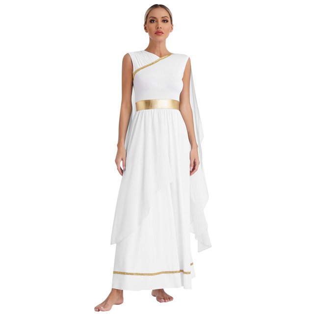 Alvivi Robe Grecque Antique Toga pour Femmes Robe Longueur Genou à Blocs de Couleur Blanc TTG