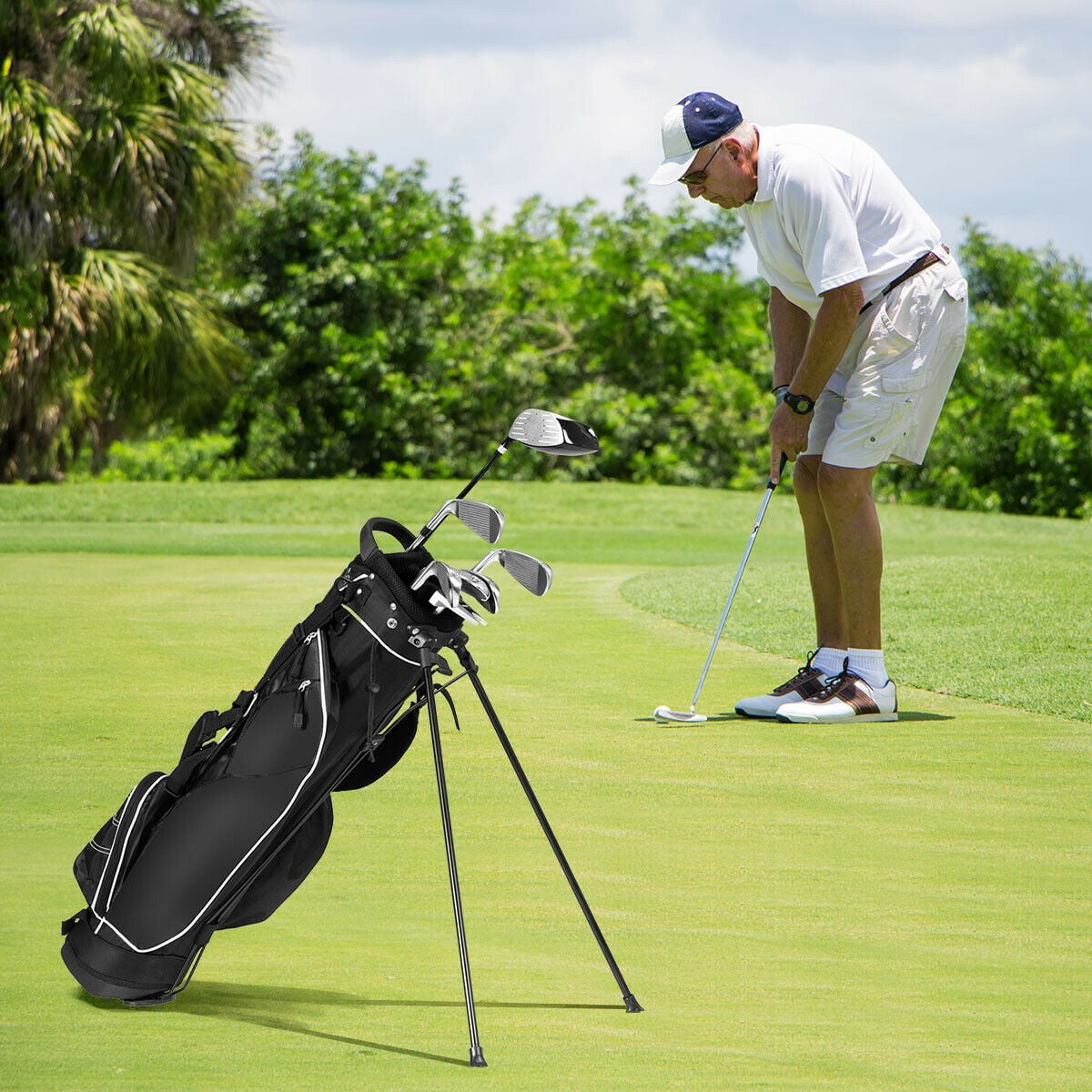 Gymax Black Golf Stand Cart Bag Club with Carry Organizer Pockets