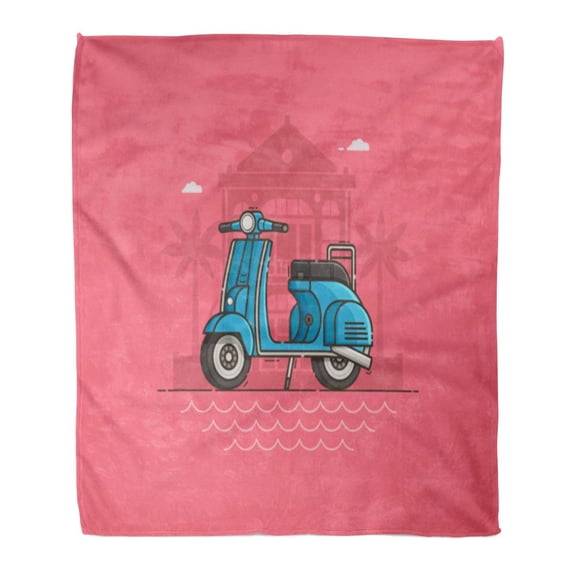 SIDONKU Flannel Throw Blanket Blue Scooter Parked Near Villa and Sea Beach Motor Soft for Bed Sofa and Couch 58x80 Inches